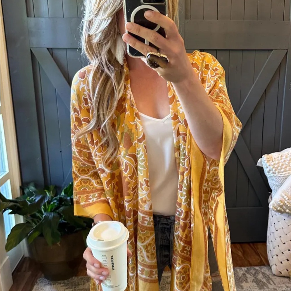 New Boho Lightweight Mustard Cardigan Kimono Top Cover Up Oversized Beach Denim - Picture 5 of 9